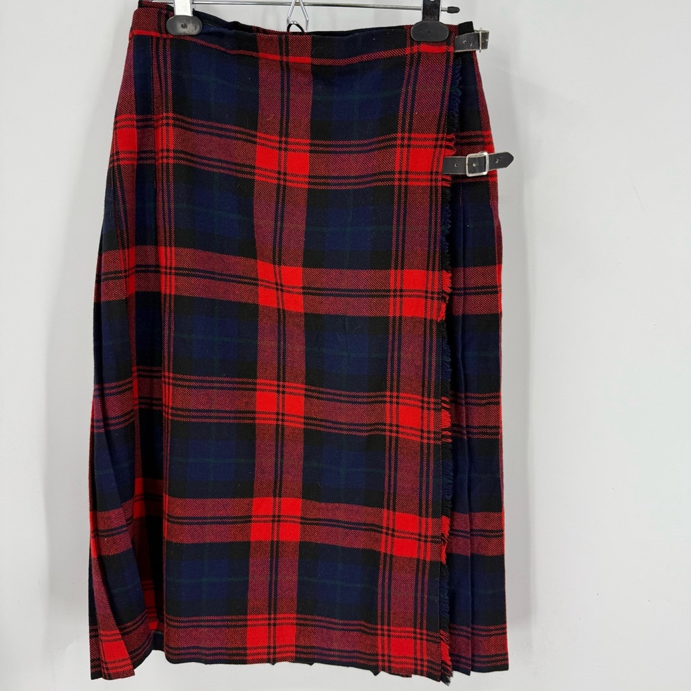 Glenisla vintage 80s pure new wool red black plaid midi a-line wrap  skirt 14